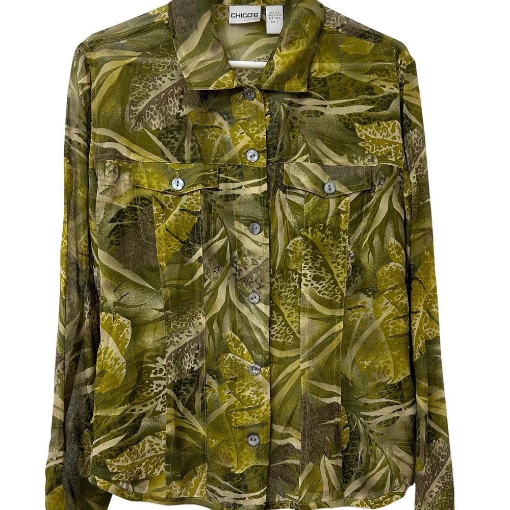 Chico's Tropical Botanical Silk Button Up Sz 1